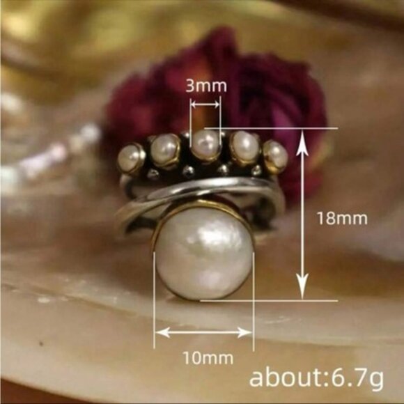 Pearl Ring Antiqued Gold or Silver Tone Bohemian Boho Festival Hippie Y2K - Picture 5 of 5